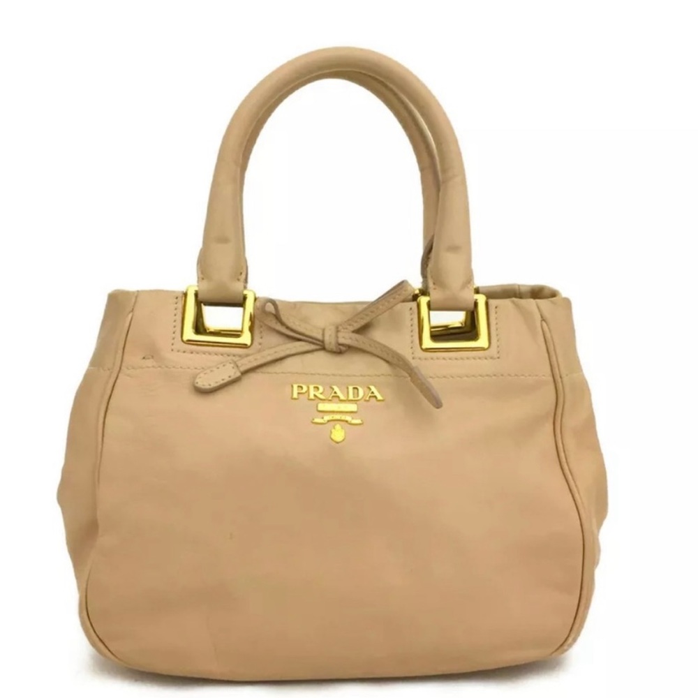 PRADA Logo Ribbon Leather Tote Nude Hand Bag
w/Shoulder Strap Luxury Bag…
